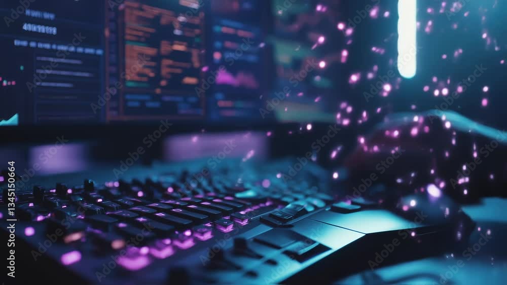 Poster futuristic computer with falling pink particles surrounding programmer's hand typing on keyboard and