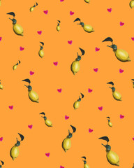 Lemon and hearts watercolor seamless pattern on orange background. Hand painted design for print, fabric, fashion, wallpaper