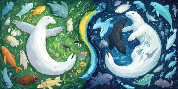 A whimsical illustration depicting life forms from water and land