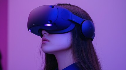 Headset user immersed in virtual world; illuminated by soft purple light
