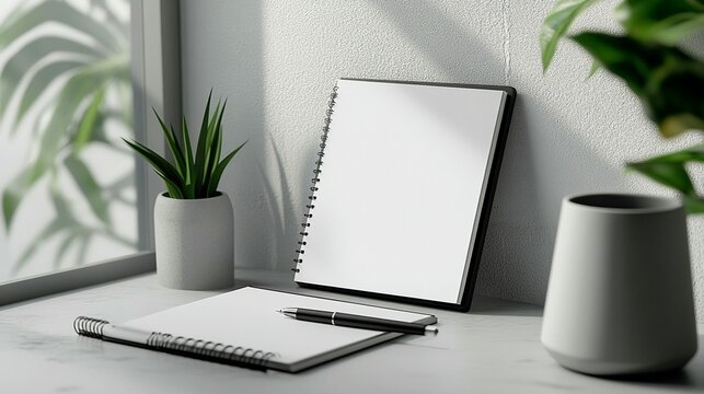 Blank spiral notebooks, pen, and plants on a desk near window.