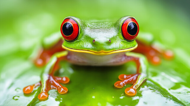 Close-Up of a Red-Eyed Tree Frog on a Leaf.