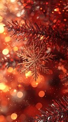 Holiday Glow Snowflake on pine, bokeh lights, red hues. Festive atmosphere