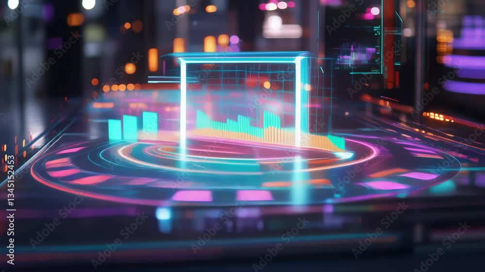 Poster colorful financial data visualizing increasing profits through dynamic holographic charts and graphs