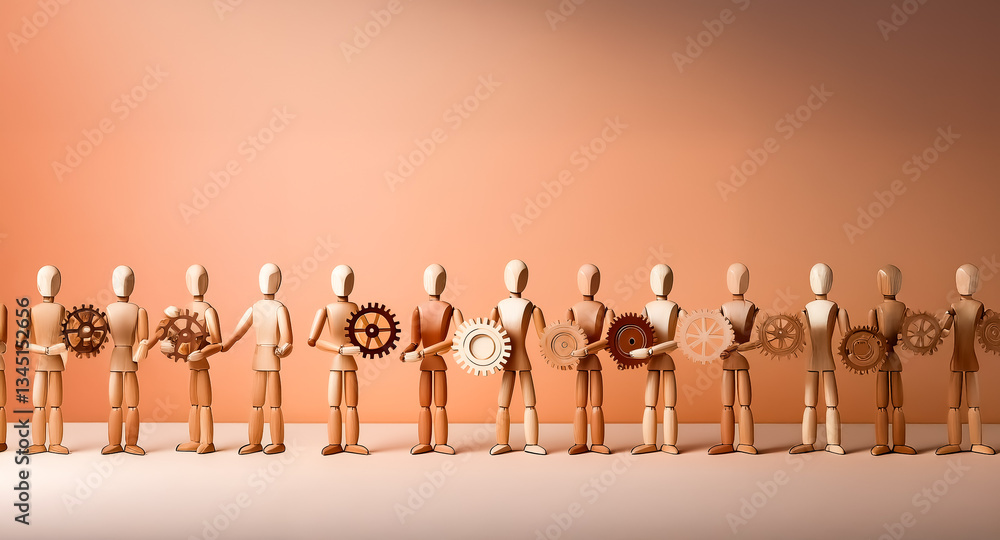 Poster a line of wooden mannequins standing in a row, each holding a different circular cogwheel object in 