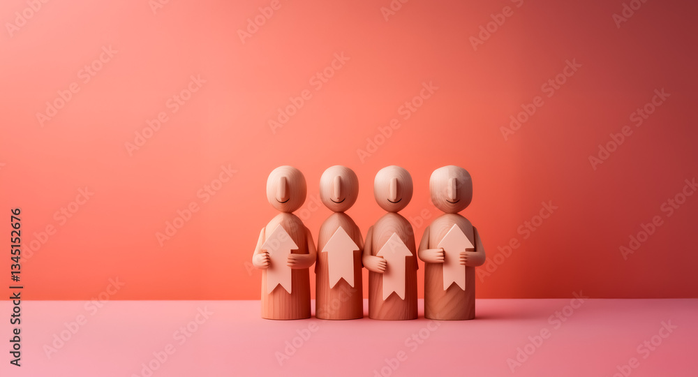 Aufkleber four wooden figures stand in a row on a peach surface against a peach background. each figure holds 