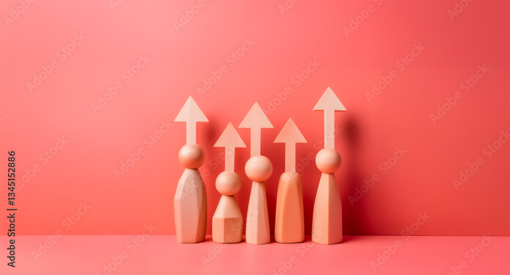 Poster five wooden shapes stand in a row with arrows pointing upwards, indicating growth or progress on a p