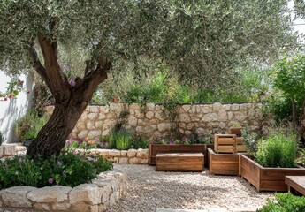 Serene Olive Tree Garden with Stone Wall and Wooden Planters Surrounded by Lush Greenery and Vibrant Flowers in a Peaceful Outdoor Setting