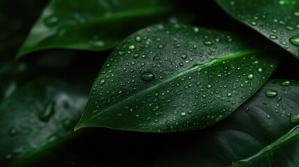 Close-up view of lush, dark green leaves covered in water droplets