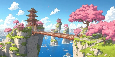 Obraz premium An artistic depiction of a scenic bridge and island landscape