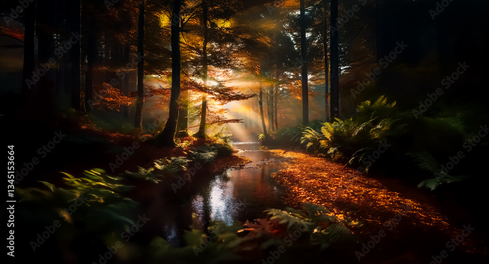 Poster a forest path bathed in golden sunlight filtering through dense trees, casting long shadows and illu