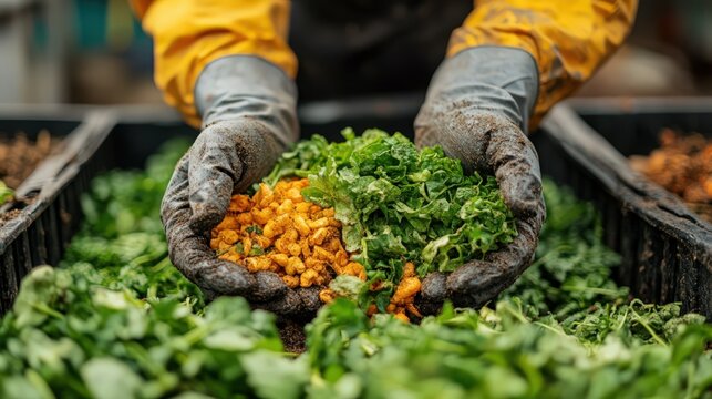 Hands holding fresh organic compost ingredients for enriched soil creation