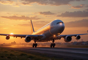 Obraz premium Airplane landing at sunset travel aviation transportation flight airport runway commercial jet airliner skies