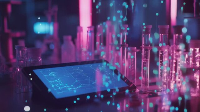 Animated blue and pink particles drifting over digital tablet displaying growing statistical graph, set against laboratory background with test tubes, beakers, illuminated by neon lighting