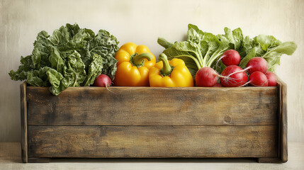 A stunning composition of a wooden crate filled with fresh vegetables such as bright yellow bell peppers, deep red radishes, and leafy Swiss chard