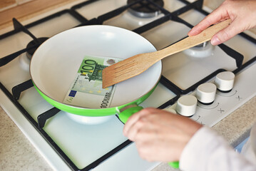 Conceptual Photo of Frying Money in a Pan