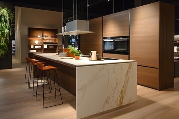 Modern kitchen design featuring marble island and warm wooden cabinetry in contemporary showroom