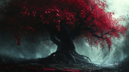 Forbidden Cursed Tree With Dark Branches And Mysterious Blood-Red Fruits Photo