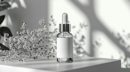 Clear glass dropper bottle with blank label, minimalist aesthetic, sunlight shadows, and delicate floral accents on white background.