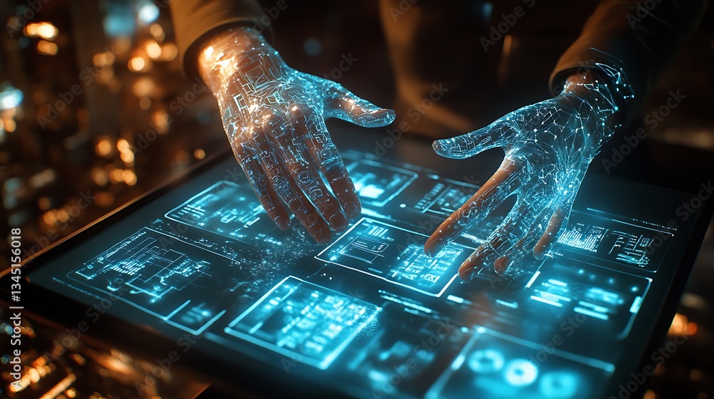 Poster futuristic holographic interface interaction, futuristic holographic interface with digital hands in