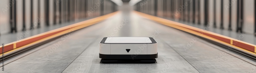 Poster a sleek robotic device is positioned on a linear track, surrounded by a modern, minimalistic environ