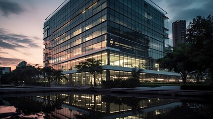 Fototapeta premium Modern office building in the city at dusk.