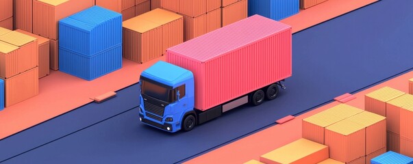 A colorful truck navigates through a vibrant shipping yard filled with stacked containers in various shades.