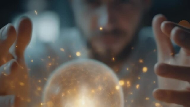 Caucasian male fortune teller with a beard, wearing a white shirt, holds a glowing crystal ball in his hands, conjuring magic with golden particles swirling around
