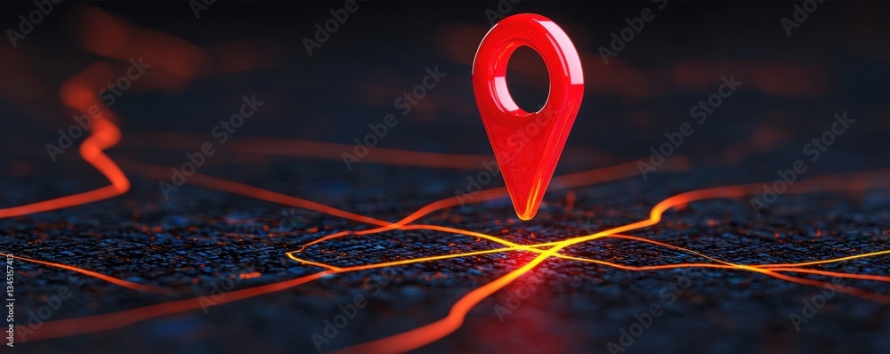 Poster a vibrant red location pin stands out against a dark, textured background with glowing lines, symbol