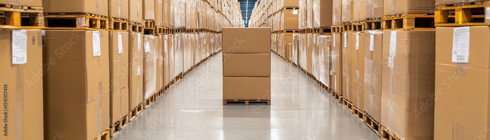 Poster a spacious warehouse filled with neatly stacked cardboard boxes, creating an organized and efficient