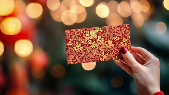 Woman holding red envelope with gold floral designs amid festive lights