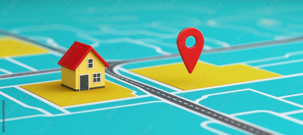 Poster a colorful 3d rendering of a house and a location pin on a map, symbolizing real estate and navigati