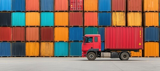 Fototapeta premium A red truck parked beside a colorful arrangement of shipping containers in a storage yard, showcasing vibrant colors and industrial efficiency.