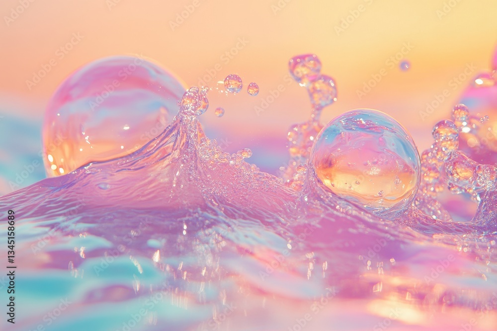 Poster colorful bubbles rise and burst in shimmering water during a sunset, creating a magical atmosphere f