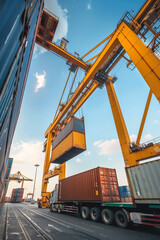 A large gantry crane operates to secure and transfer shipping containers at an organized international shipping terminal, under a bright and clear sky with a clean harbor scene.