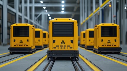 A row of yellow industrial vehicles lined up on tracks in a large warehouse, illuminated by overhead lights.