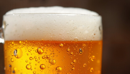Close-up of beer foam in a glass, refreshing drink, enjoying at a festival, copy space