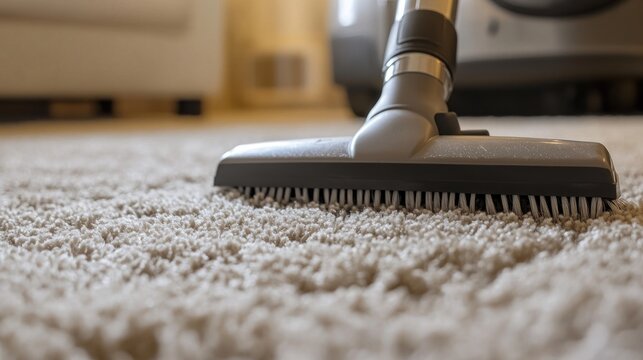 CloseUp of a Vacuum Cleaner Head Cleaning a Fluffy Carpet Ideal for Home Maintenance and Clea