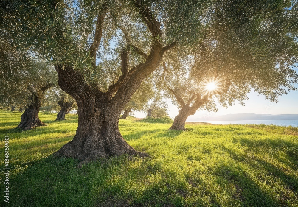 Poster sunlight filtering through olive trees in a lush green field by the tranquil shoreline during the go