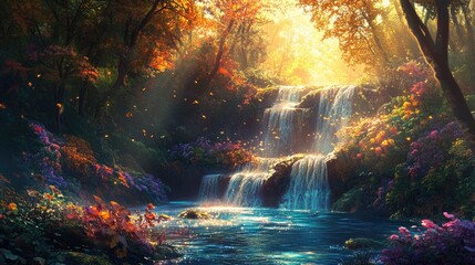 Naklejka premium Tranquil Waterfall in Vibrant Autumn Forest Surrounded by Colorful Flowers and Soft Sunlight