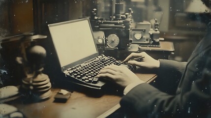 Vintage Typing Scene with Antique Equipment, A vintage scene with a person typing on an old-fashioned typewriter in a dimly lit room