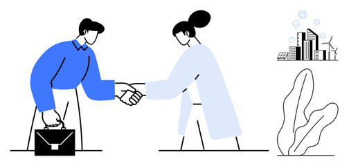 Two business professionals shake hands, symbolizing agreement or partnership. Background includes eco-friendly city illustration with clean energy elements. Ideal for business, sustainability