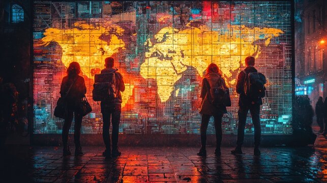 Global Travelers Gaze at Illuminated World Map