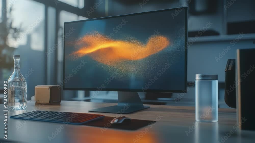 Poster orange particles are dynamically flowing on a computer monitor placed on a modern desk in a contempo