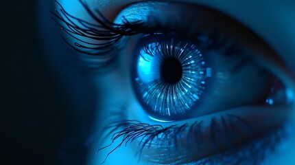 Naklejka premium This is a close-up, macro shot of a blue human eye. The image focuses on the intricate details of the iris, pupil, and eyelashes. 