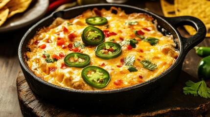 A skillet filled with warm, gooey queso dip, topped with spicy jalapenos, making it the perfect cheesy dip to accompany your favorite snacks