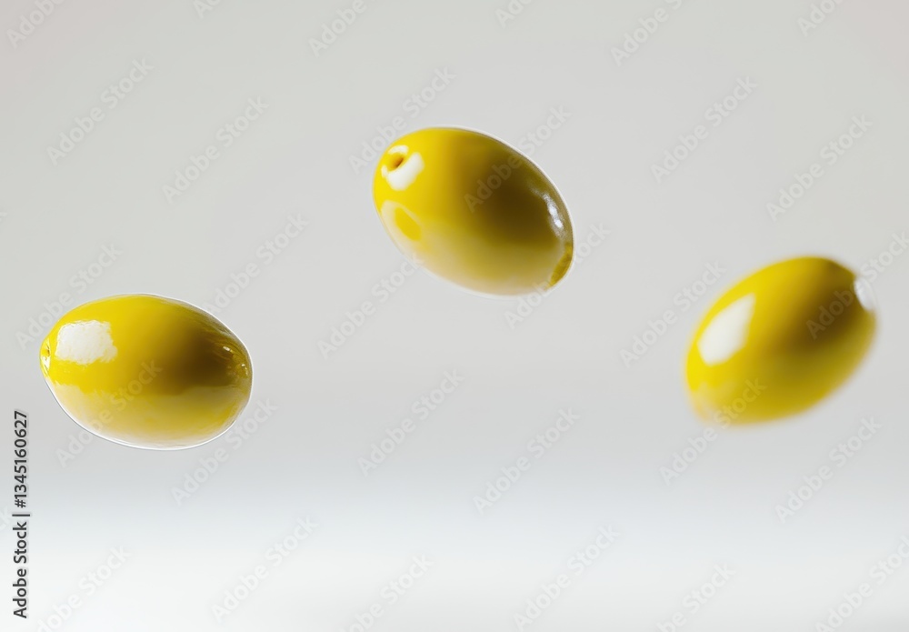 Poster three bright yellow oval objects floating in air against a soft gray background capturing a sense of