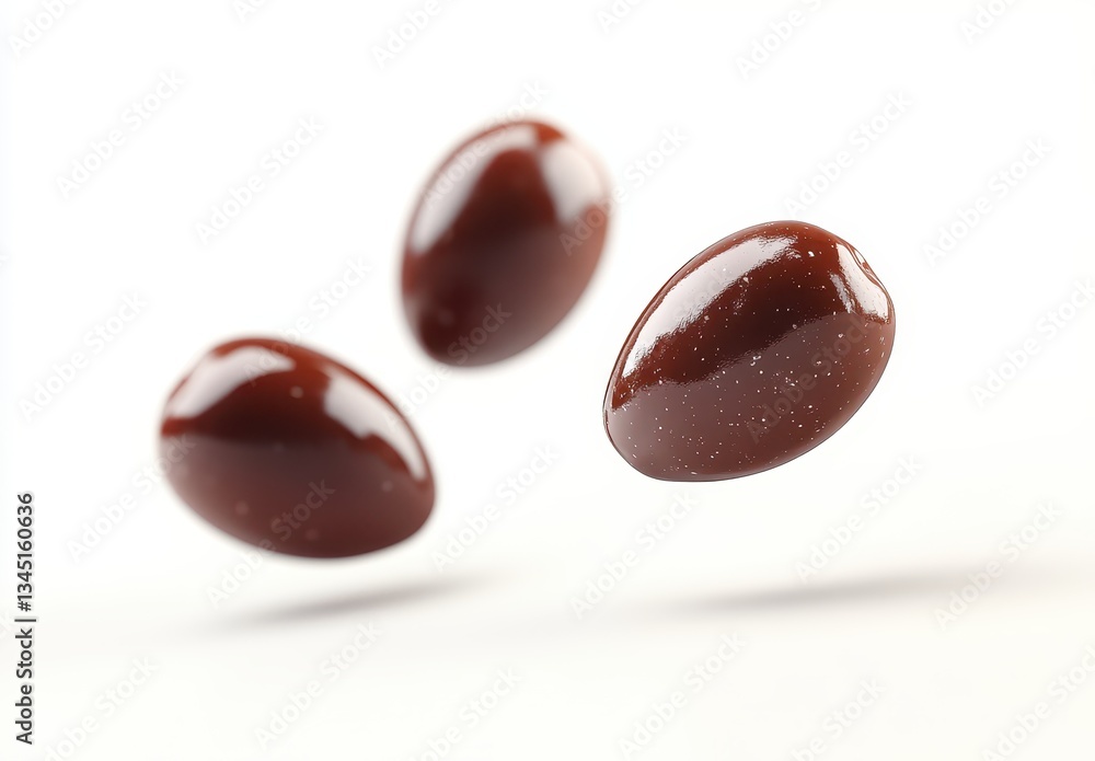 Poster three floating chocolate candies over white background with smooth texture and rich color capturing 