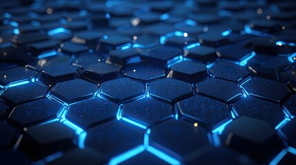 Obraz premium A sleek, modern digital background with a network of glowing blue hexagons and circuitry elements, symbolizing data flow and connectivity