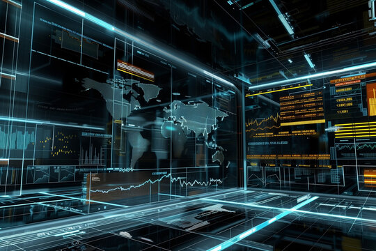 A high-tech futuristic dashboard displaying global statistical data, financial charts, and analytical interfaces. Highlighting advanced business intelligence and data visualization technology for real - Powered by Adobe